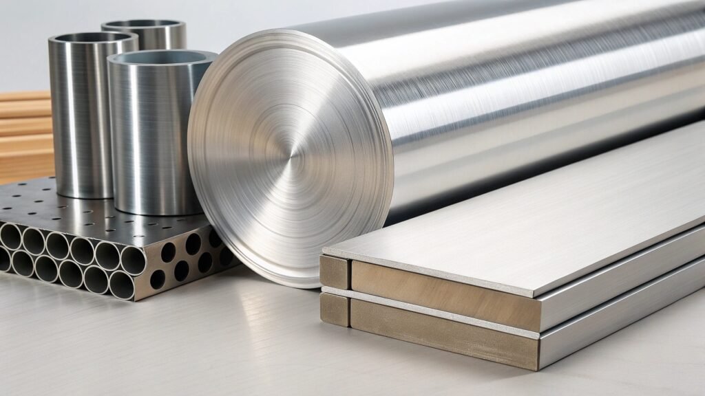 A block of aluminum and a block of steel of the same size on a balance scale, with the aluminum side much higher.